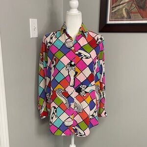 Brett Harrison 100% Silk Vintage Silk Long sleeve Funky Fun Maximalist Bright